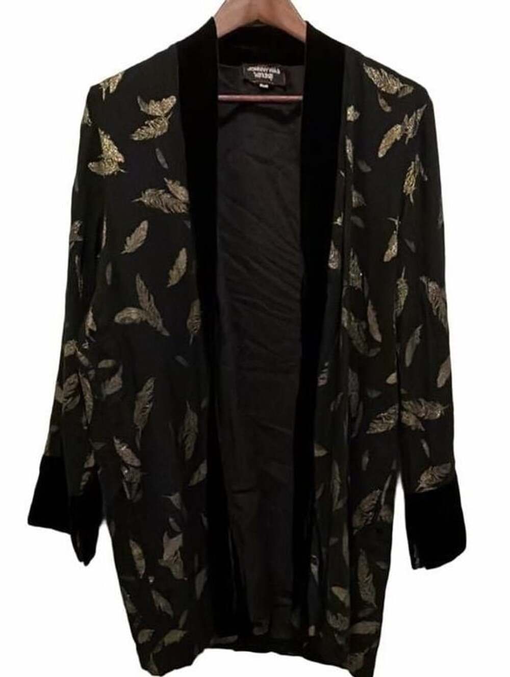 Johnny Was Workshop Open Jacket Size M Black Gold Feathers Velvet Trim